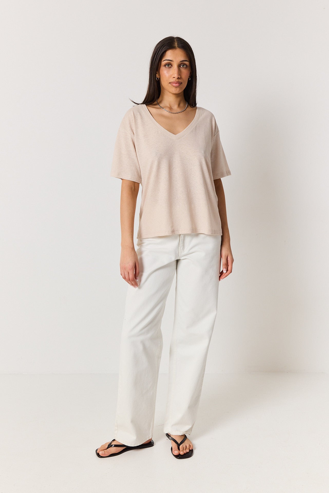 T-shirt V linen beige